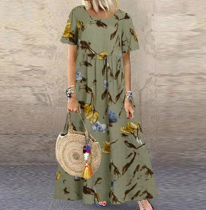 Retro Floral Print Short-sleeved Round Neck Dress