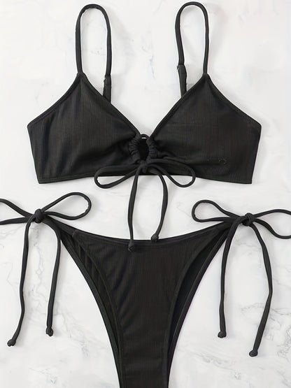 Bikini Solid Rib Knit 2 Piece Swimsuit – Ring Link Tie Front Triangle Bikini Set for Women – Hollow Out High Stretch V-Neck Top with Tie Side Bottoms – Trendy Beach & Pool Swimwear for Summer