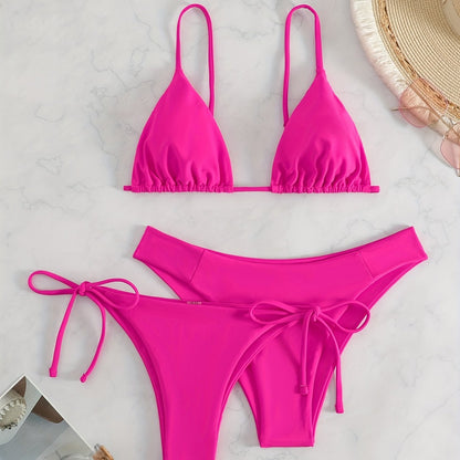 Essential Edge 3-Piece Bikini Set for Women – Solid Color High-Cut Triangle Top Two-Style Bottoms with Side Lace-Up Design & Quick-Drying Comfort – Versatile Women's Swimwear for Summer Pool Beach & Travel