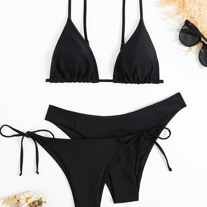 Essential Edge 3-Piece Bikini Set for Women – Solid Color High-Cut Triangle Top Two-Style Bottoms with Side Lace-Up Design & Quick-Drying Comfort – Versatile Women's Swimwear for Summer Pool Beach & Travel