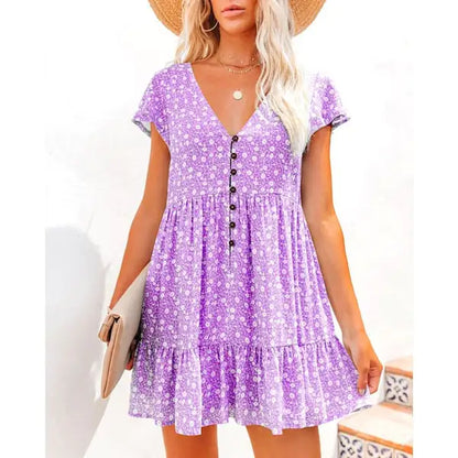 V-Neck Button Floral Short Sleeve Casual Dress