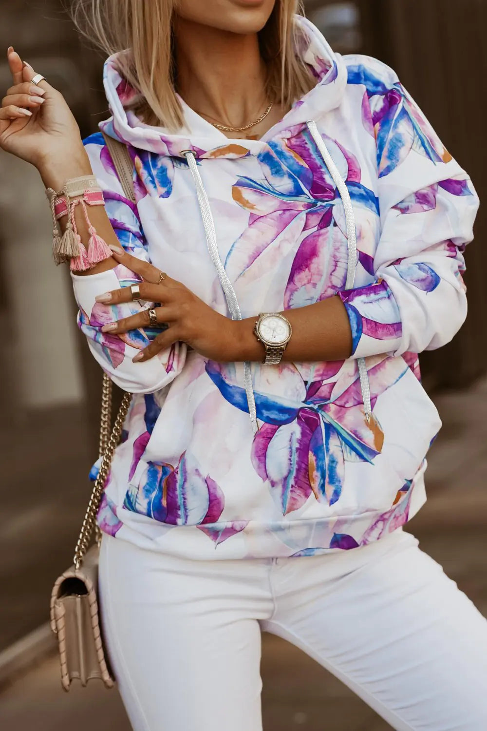 Floral Long-Sleeved Hooded T-Shirt for Women