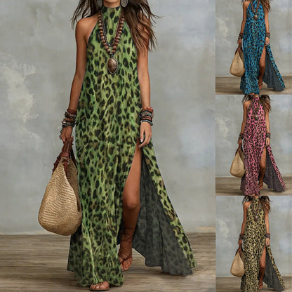 Women's Printed Scarf-Style Maxi Dress – Sleeveless, Split, Loose Boho