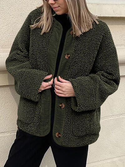 Modern Cozy Women Luxuriously Cozy Contrast Button Up Sherpa Jacket with Pockets For Fall & Winter