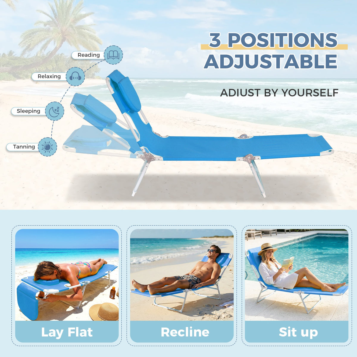 Ainfox Folding Chaise Lounge Chair, Patio Sun Tanning Lounger Reclining Back