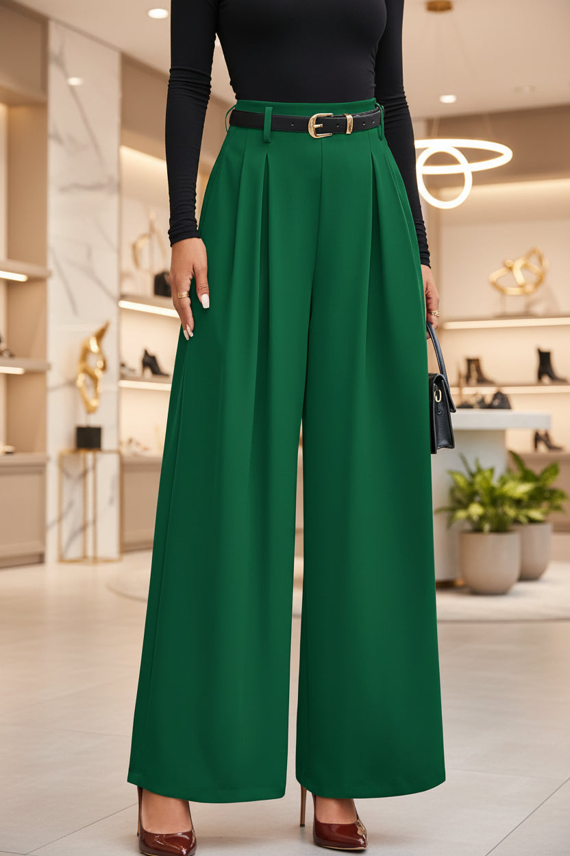 Women's pleated wide-leg trousers in dark green featuring a slimming drape silhouette, structured front pleats, and an adjustable belted waist.