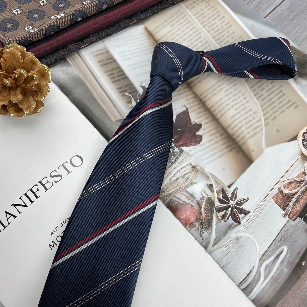 Retro Coffee Color Orange Red Striped Tie Hand Hit 8CM Men