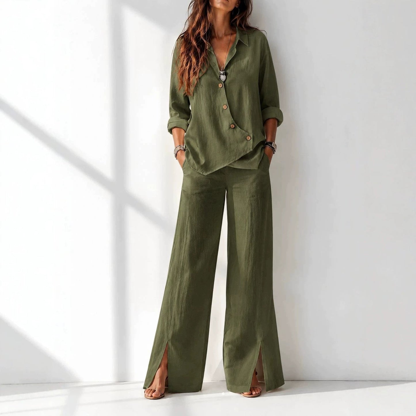 Women's asymmetrical long-sleeve top and wide-leg pants set in army green – full outfit front view showing relaxed boho silhouette