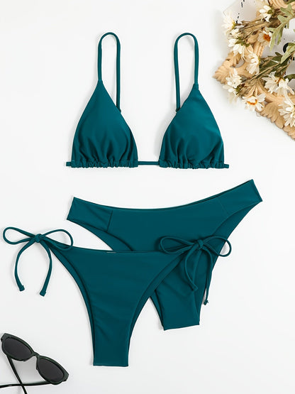 Essential Edge 3-Piece Bikini Set for Women – Solid Color High-Cut Triangle Top Two-Style Bottoms with Side Lace-Up Design & Quick-Drying Comfort – Versatile Women's Swimwear for Summer Pool Beach & Travel