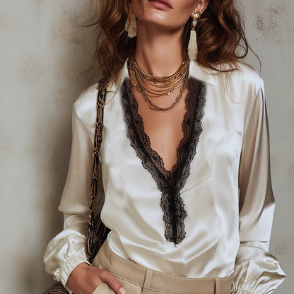 Women's V-Neck Black Lace Patchwork Lantern Sleeve Blouse