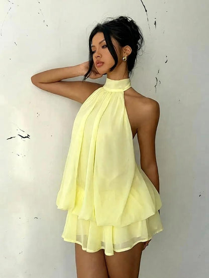 Women's Chiffon Halter Mini Dress – High-Waist Open-Back A-Line Dress