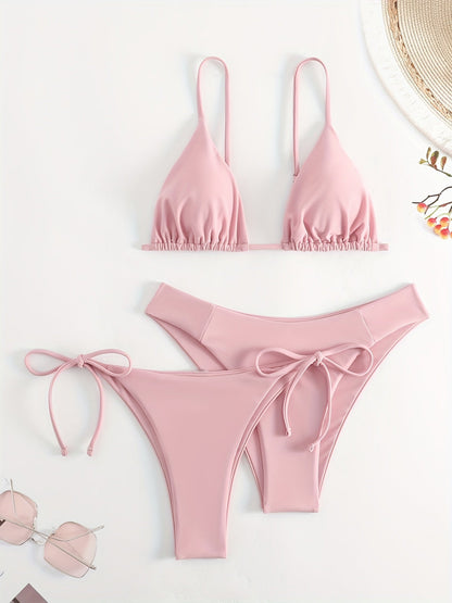 Essential Edge 3-Piece Bikini Set for Women – Solid Color High-Cut Triangle Top Two-Style Bottoms with Side Lace-Up Design & Quick-Drying Comfort – Versatile Women's Swimwear for Summer Pool Beach & Travel