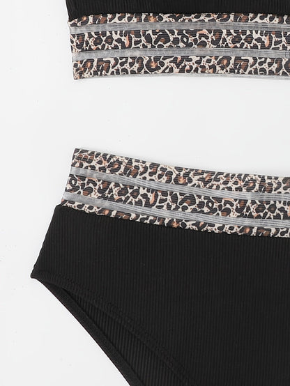 Bikini Leopard Print High Waist Bandeau 2 Piece Swimsuit for Women – Super Stretchy Bikini Set with Seductive Mesh Detail and Flattering Fit – Chic Animal Print Swimwear for Beachwear Poolside and Summer Vacations