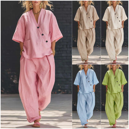 Collage showing women wearing a loose V-neck short-sleeve top and high-waist trousers two-piece set in pink, beige, light blue, and yellow-green colorways.