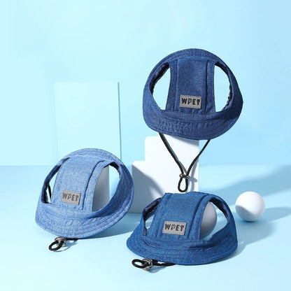 Pet Hat With Ear Holes For Medium Small Dogs Adjustable Summer Pets Dog Outdoor Sun Cap Cat Puppy Denim Color Canvas Visor Caps