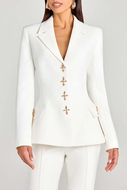 Women's Solid-Color Long-Sleeve Blazer with Metallic Zipper Detail