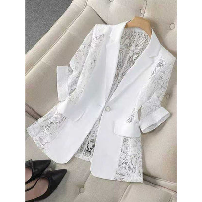 Women's Lace Patchwork Blazer | Three-Quarter Sleeve One-Button Suit Jacket in White & Black