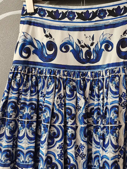 Navy Blue Floral Print Cotton Short Skirt for Women