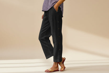 Cropped Pants With Decorative Buttons Along the Side Seams