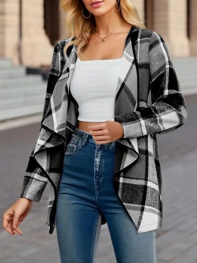 Elegant Plaid Open Front Long Sleeve Jacket Stylish & Cozy Lightweight Breathable Outerwear