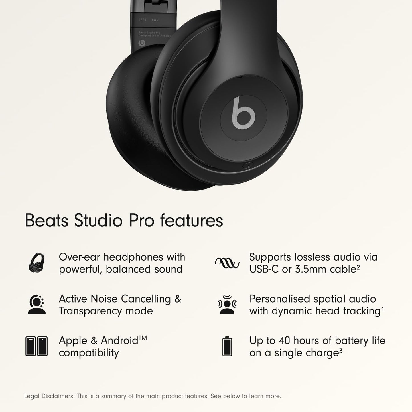 Beats Studio Pro Premium Wireless Over-Ear Headphones- Up to 40-Hour Battery Life, Active Noise Cancelling, Great for Travel & Commuting, USB-C Lossless Audio, Apple & Android Compatible -Black (Refurbished)