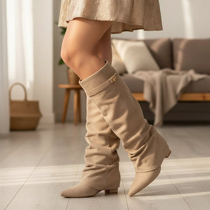 Women's Slouchy Pleated Mid-Calf Boots – Pointed Toe Chunky Heel Faux Suede