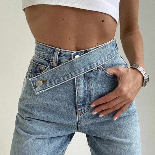 Retro Oblique Belted High Waist Straight Wide Leg Jeans for Cowgirls