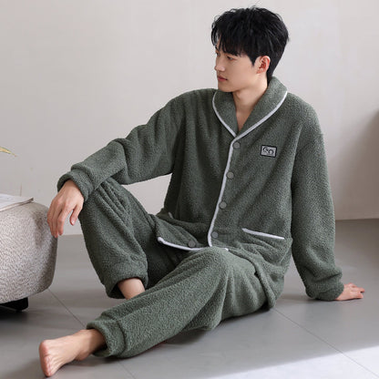 Flannel Thick Warm Long Sleeves Coral Fleece Couple Pajamas Suit