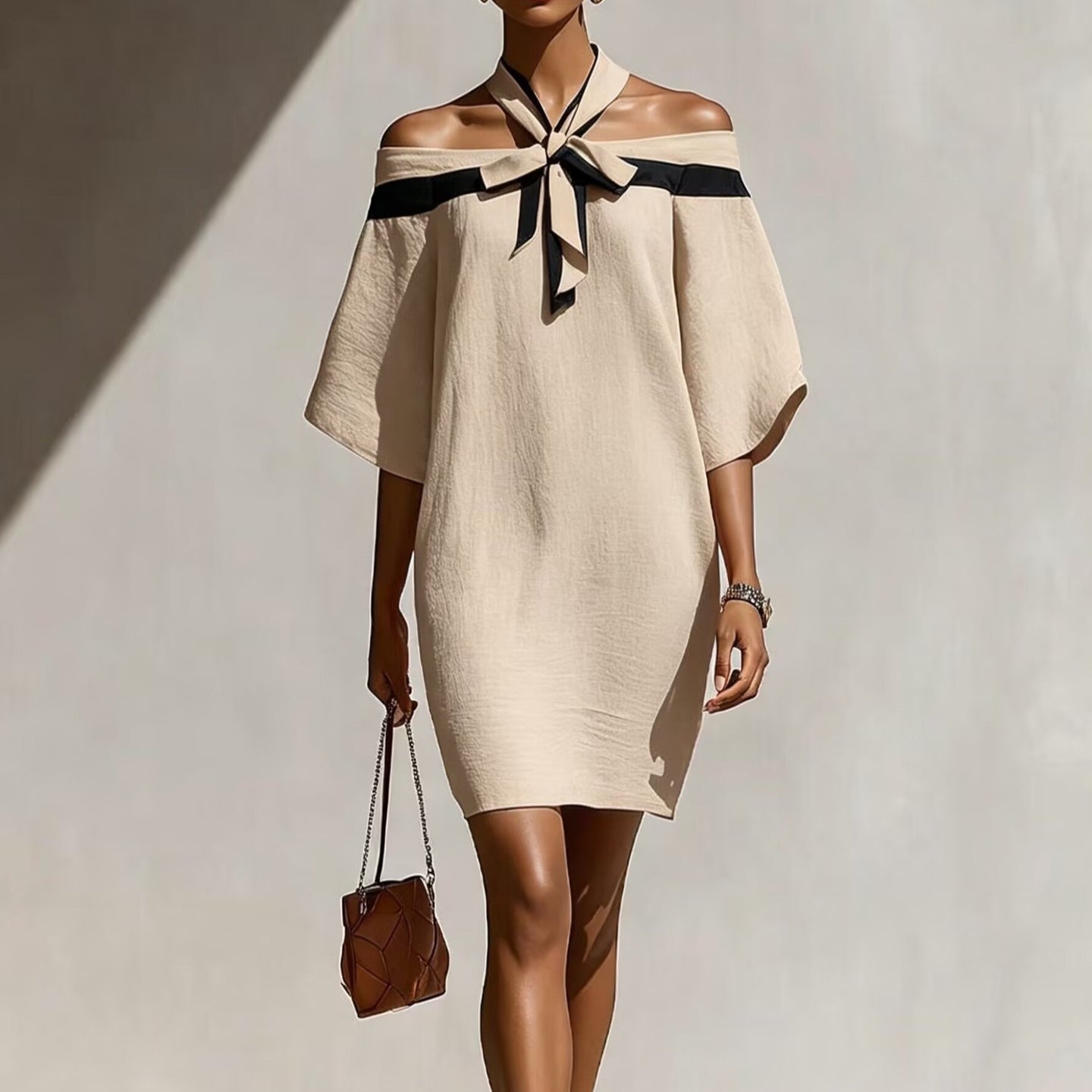 Woman wearing an apricot off-the-shoulder A-line mini dress with a contrasting black bow collar