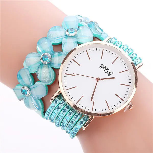 CCQ Women's Circle Bracelet Watch with Floral Crystals