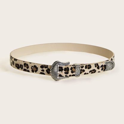 European And American New Retro Carved Imitation Horse Hair Leopard Print Fashion Y2K Dopamine Western Buckle Belt Cross-Border Women's Belt