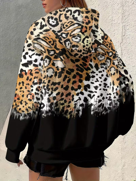Plus Size Women's Full-Body 3D Gradient Leopard Print Zip-Up Hooded Jacket