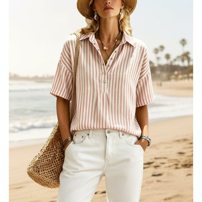 Women's Striped Short-Sleeve Shirt with Turn-Down Collar in Pink and White - beach lifestyle view