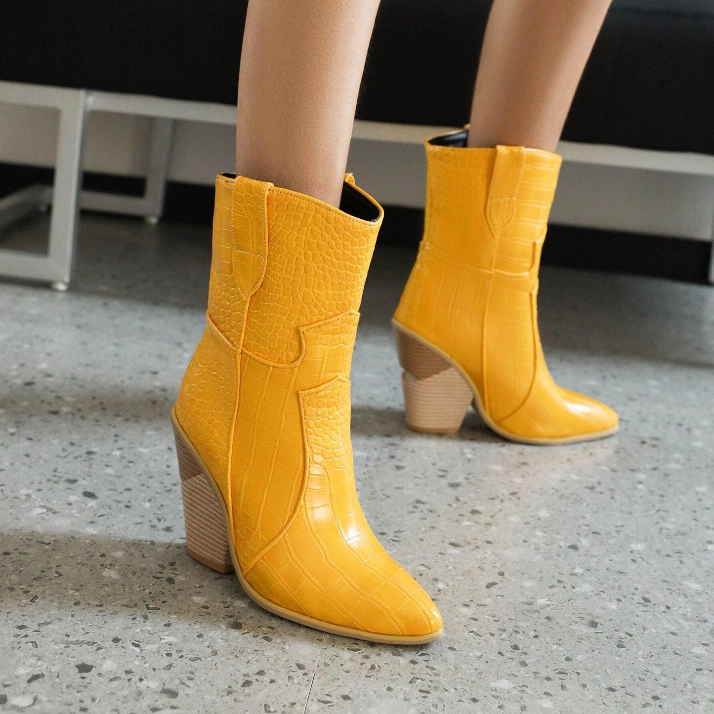 Cowgirl Chic High Heel Ankle Boots - Trendy Denim and Leather Boots for Women