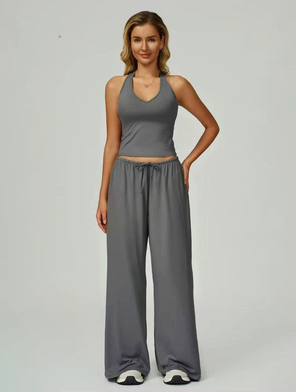Women's sporty crop tank and wide-leg pants set in gray, full outfit front view