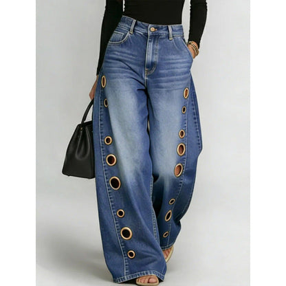 Women's Light Blue Metal Eyelet High Waist Loose Wide-Leg Jeans