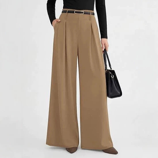 Women's pleated wide-leg trousers in khaki featuring a slimming drape silhouette, structured front pleats, and an adjustable belted waist