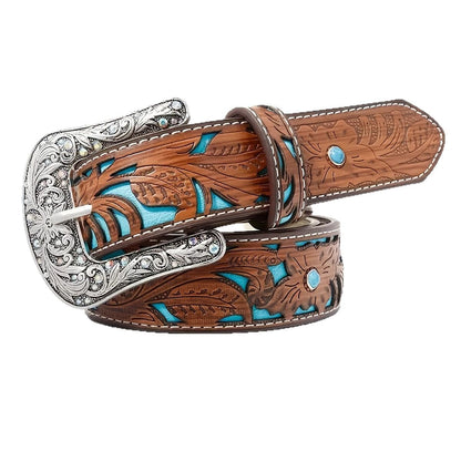 Versatile Spring, Summer, Autumn, And Winter New European And American Western Style Carved Belt, Can Be Paired With Jeans, Leather Belt, Turquoise