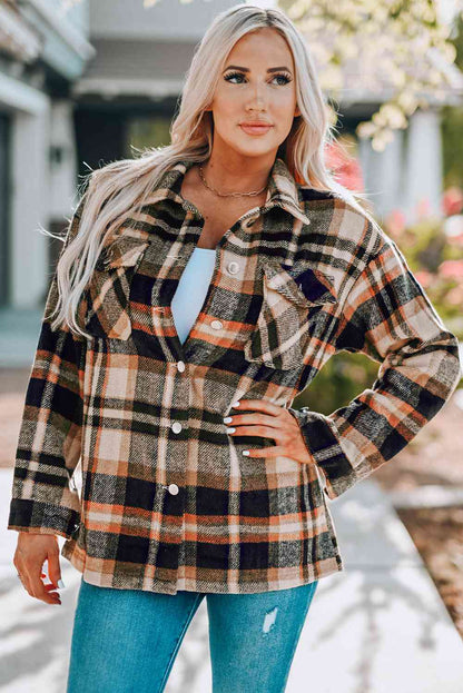 Classic Plaid Button Front Shirt Jacket with Breast Pockets Casual & Minimalist Outerwear