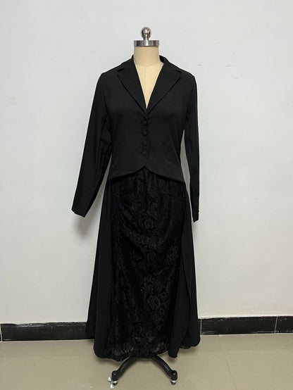 Women's black formal set displayed on a mannequin, featuring a long-sleeve V-neck blazer top and a long skirt with a floral lace overlay.