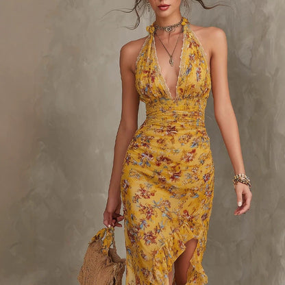 Close-up of waist-cinching detail and ruffle split hem on Women's Halter Neck Deep V Floral Maxi Dress