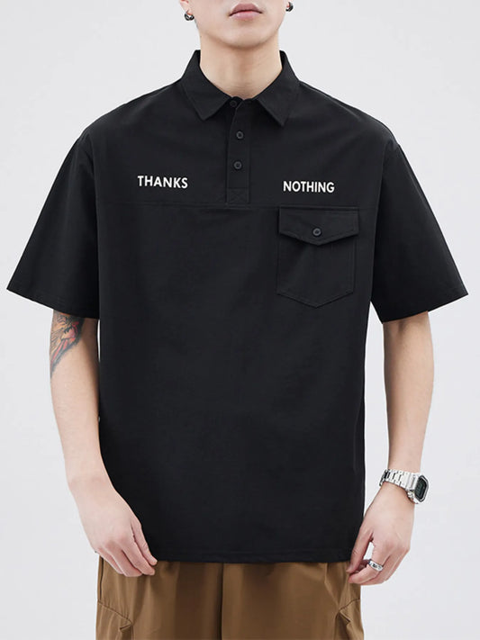 Black men's plus size short sleeve polo shirt with button detail and text graphics on the chest.