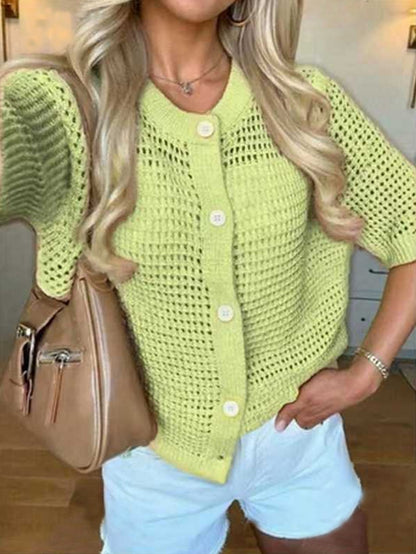 Women's Hollow-Out Knit Cardigan – Open Front, Short Sleeve, Solid Color