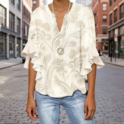 Women's 3D Print Ruffle Sleeve Loose Top – Elegant Urban Style S–2XL