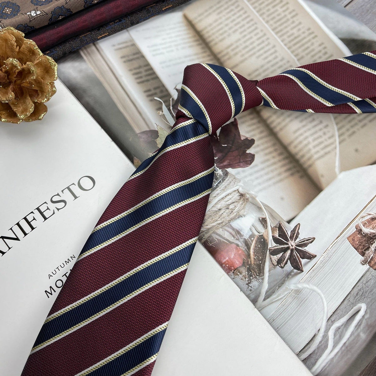 Retro Coffee Color Orange Red Striped Tie Hand Hit 8CM Men