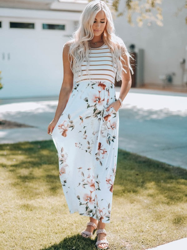 Zora Striped Floral Sleeveless Maxi Dress with Poc