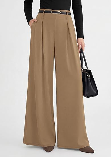 Women's pleated wide-leg trousers in caramel brown featuring a slimming drape silhouette, structured front pleats, and an adjustable belted waist.