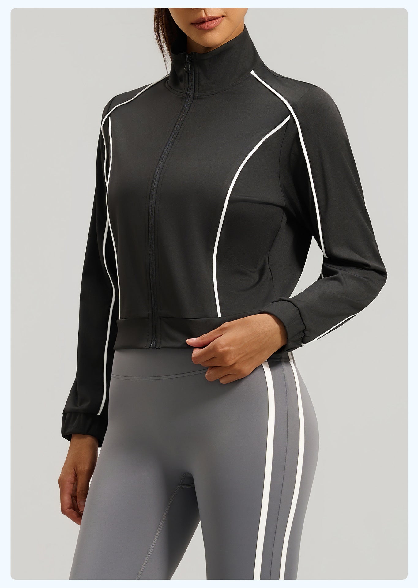 Women's Starlight Black contrast stripe loose sports cardigan jacket with matching gray activewear leggings