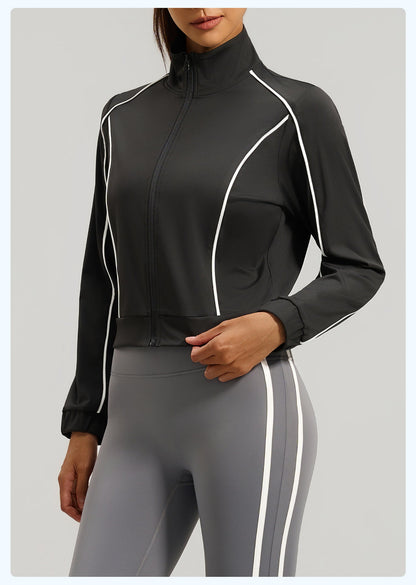 Women's Starlight Black contrast stripe loose sports cardigan jacket with matching gray activewear leggings