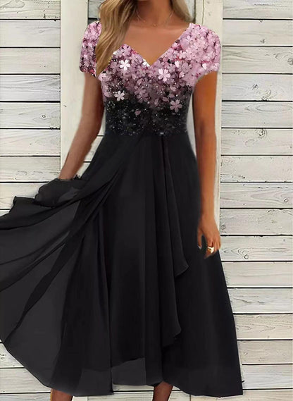 Serene Blooms Chiffon Patchwork Dress | Elegant Floral Dress for Summer